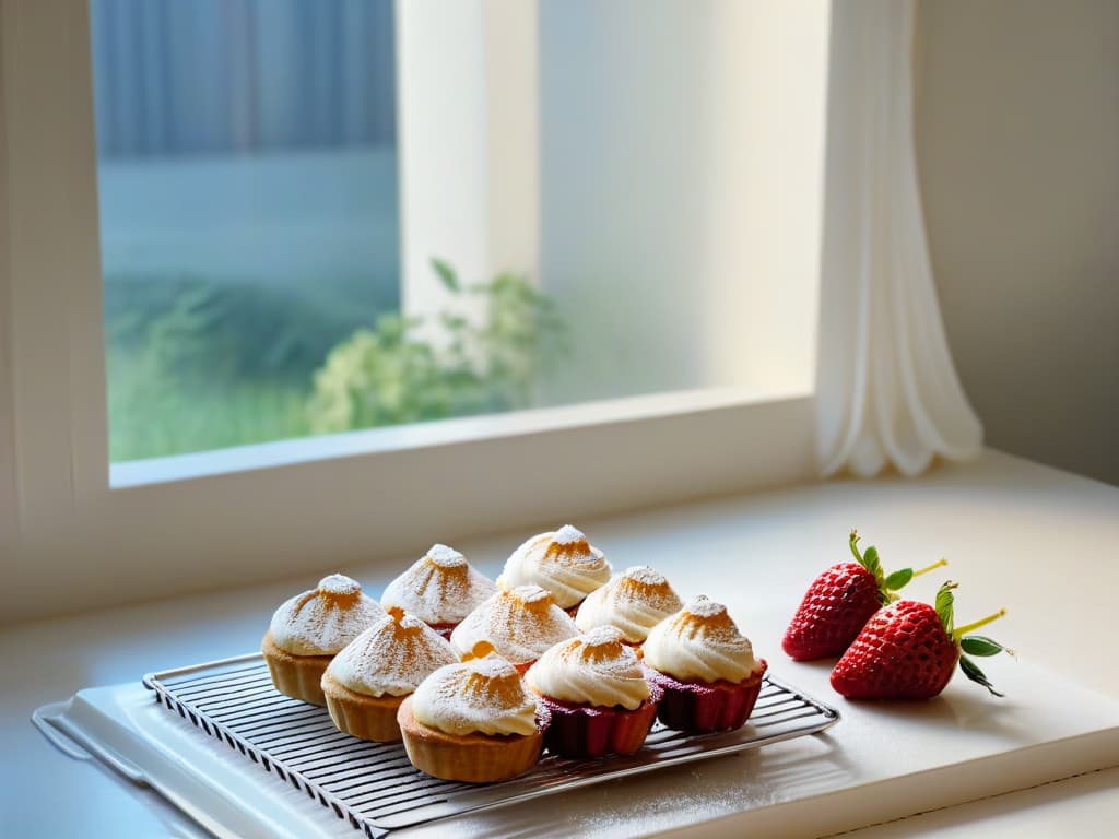  Imagine a serene, minimalist image showcasing a pristine white kitchen counter with a sleek marble rolling pin, a scattering of flour, a few vibrant red strawberries, and a stack of perfectly goldenbrown pastries cooling off on a wire rack. The natural light streaming in through a nearby window casts a soft, inviting glow over the scene, highlighting the intricate textures and subtle hues of the ingredients. The composition exudes a sense of calm and precision, capturing the essence of professional home baking with a touch of elegant simplicity. hyperrealistic, full body, detailed clothing, highly detailed, cinematic lighting, stunningly beautiful, intricate, sharp focus, f/1. 8, 85mm, (centered image composition), (professionally color graded), ((bright soft diffused light)), volumetric fog, trending on instagram, trending on tumblr, HDR 4K, 8K