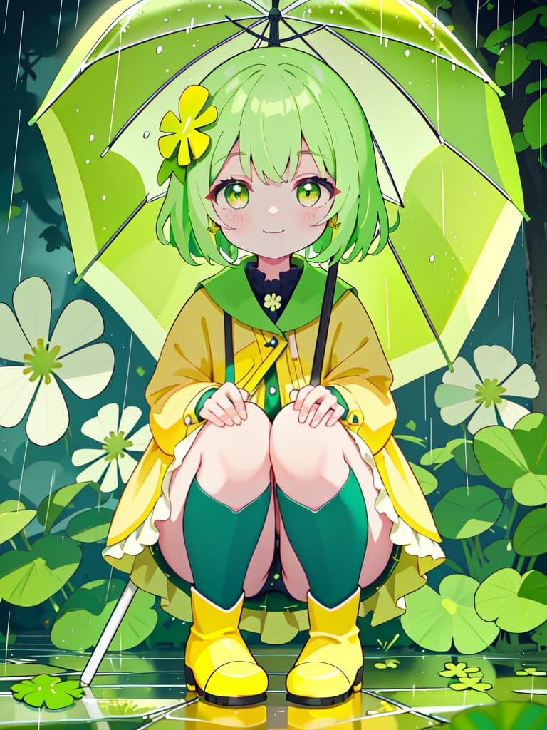  Staring at the four leaf clover with an umbrella in the rain, a yellow raincoat and a yellow green girl character crouching with boots and staring at the on the ground and staring with a smile. focus, masterpiece, best quality,8k,ultra detailed,high resolution,an extremely delicate and beautiful,hyper detail