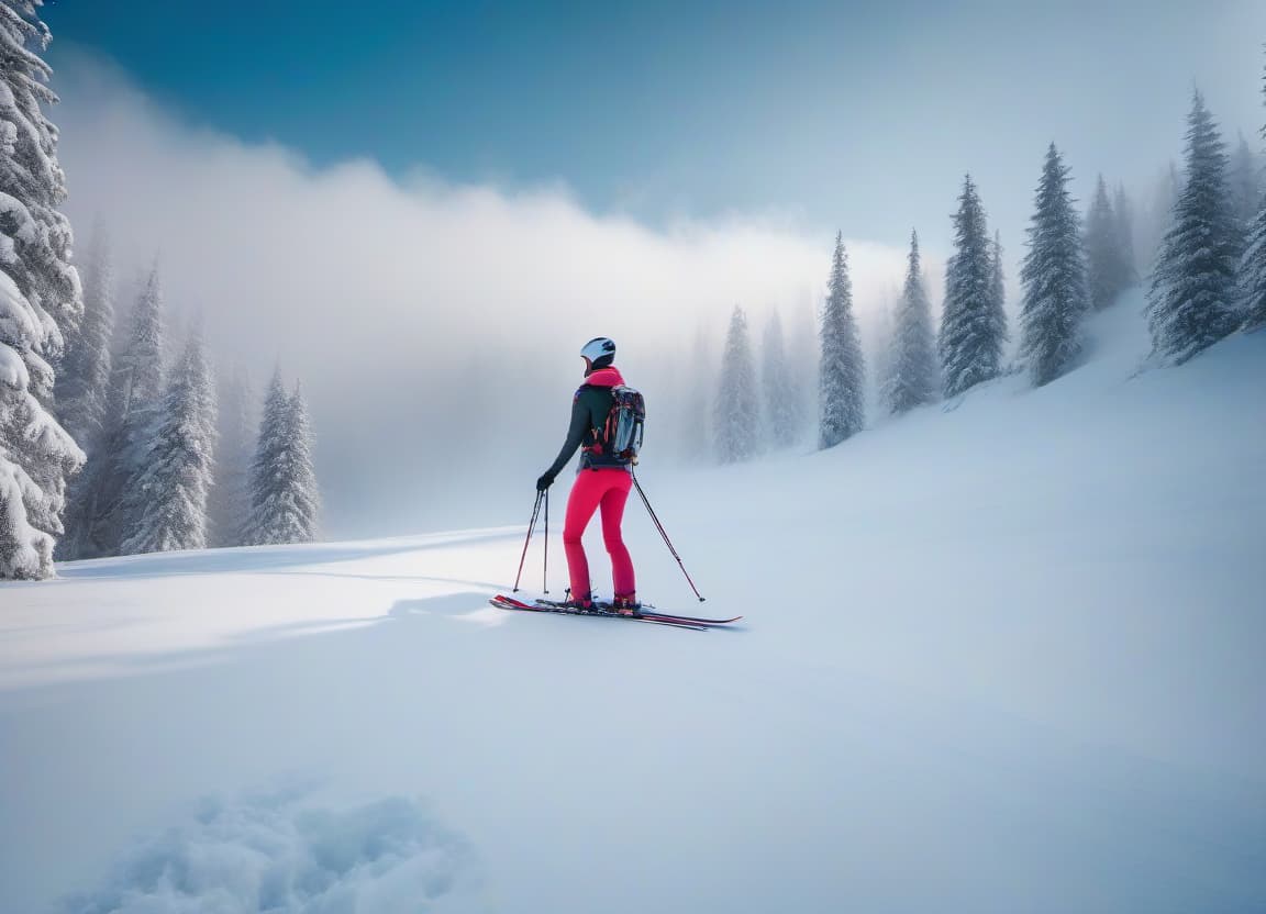  Skiis are attached to the girl's back. hyperrealistic, full body, detailed clothing, highly detailed, cinematic lighting, stunningly beautiful, intricate, sharp focus, f/1. 8, 85mm, (centered image composition), (professionally color graded), ((bright soft diffused light)), volumetric fog, trending on instagram, trending on tumblr, HDR 4K, 8K