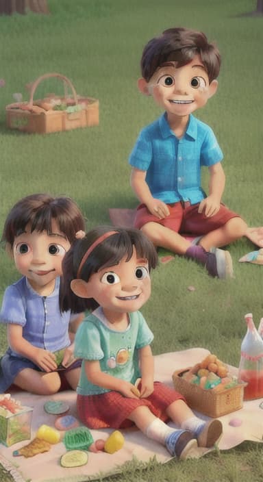  {Kids sitting around a picnic blanket, enjoying juice boxes and snacks., Children happily eating snacks, with crumbs on their faces and big smiles.