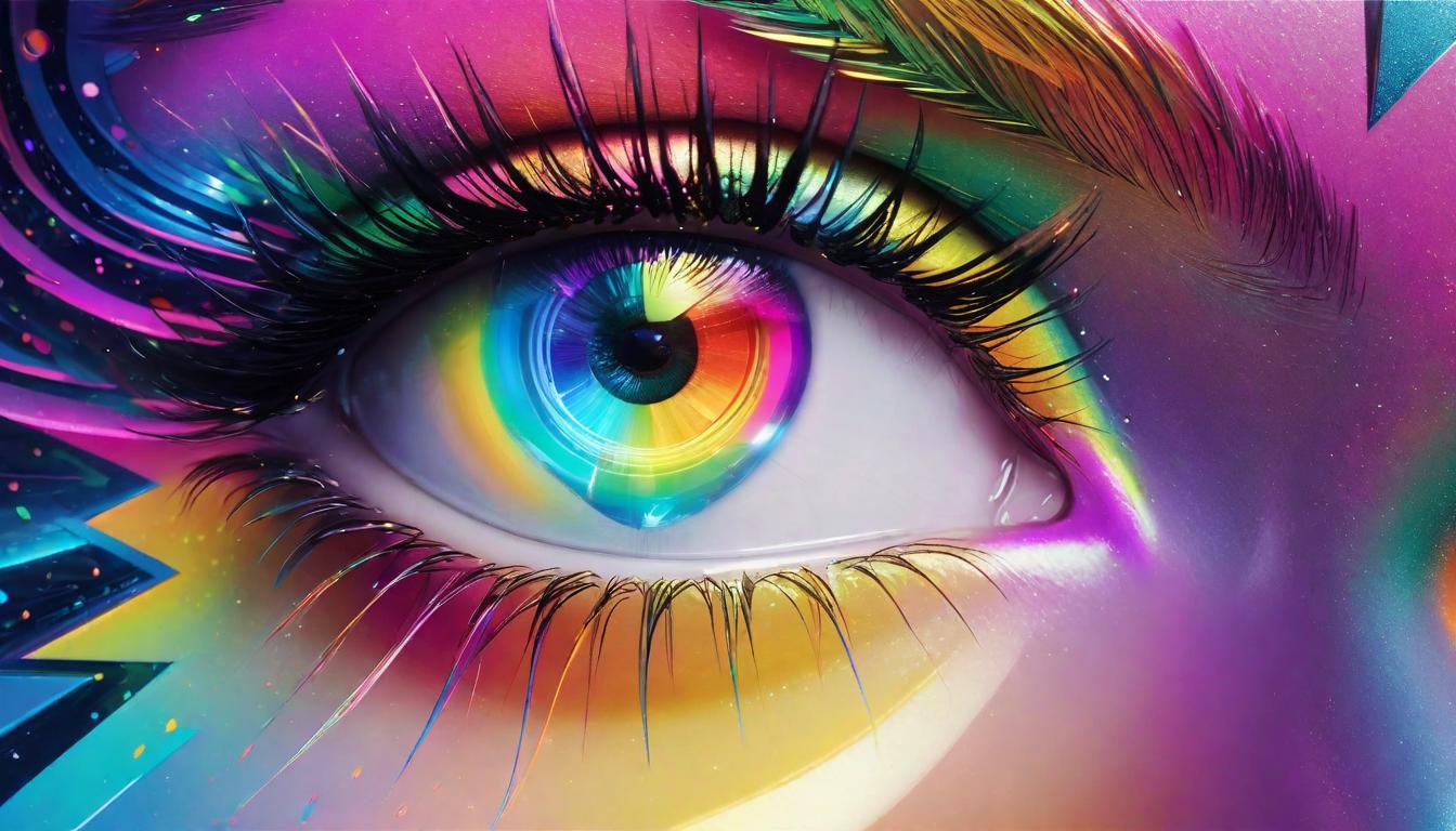  retro futuristic An eye with an iridescent pupil, surrounded by a spectrum of colors, each hue representing a different intuition or foresight. The lashes are like antennae, sensitive to the slightest change, and the surrounding air is filled with faint, symbolic images of potential futures averted or embraced. The image captures the essence of profound intuition seeing beyond the visible, alert and magnificently aware. Visual intrigue, spectrum of foresight, aura of mystery. lvintage sci fi, 50s and 60s style, atomic age, vibrant, highly detailed