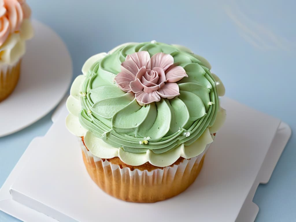  A closeup, highresolution image of a delicate, perfectly frosted cupcake with intricate piped swirls of pastelcolored buttercream, elegantly displayed on a simple white porcelain plate. The cupcake is adorned with a single, meticulously crafted sugar flower, adding a touch of sophistication to the overall minimalistic composition. The focus is on the exquisite details of the frosting and the flawless presentation of the dessert, reflecting the precision and artistry involved in pastry feedback collection and management. hyperrealistic, full body, detailed clothing, highly detailed, cinematic lighting, stunningly beautiful, intricate, sharp focus, f/1. 8, 85mm, (centered image composition), (professionally color graded), ((bright soft diffused light)), volumetric fog, trending on instagram, trending on tumblr, HDR 4K, 8K