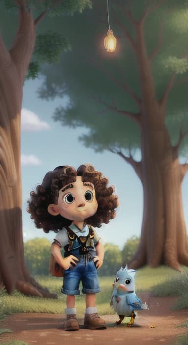  {The tree shining brightly and releasing a gentle, magical light., Riley, a curious with big brown eyes and curly hair, wearing overalls and carrying a small backpack. Their friend, Skye, a bluebird with shiny feathers.