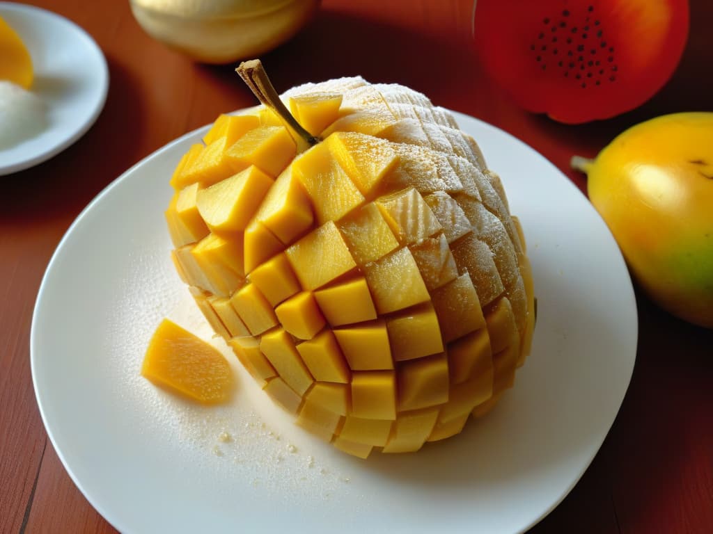  A closeup, ultradetailed image of a vibrant and perfectly ripe mango sliced into delicate, intricate pieces, showcasing its golden flesh and juicy texture. The mango slices are artfully arranged on a sleek, white plate, with soft natural lighting accentuating the fruit's rich color and inviting freshness. Each slice glistens with droplets of sweet nectar, evoking a sense of tropical indulgence and culinary elegance. hyperrealistic, full body, detailed clothing, highly detailed, cinematic lighting, stunningly beautiful, intricate, sharp focus, f/1. 8, 85mm, (centered image composition), (professionally color graded), ((bright soft diffused light)), volumetric fog, trending on instagram, trending on tumblr, HDR 4K, 8K