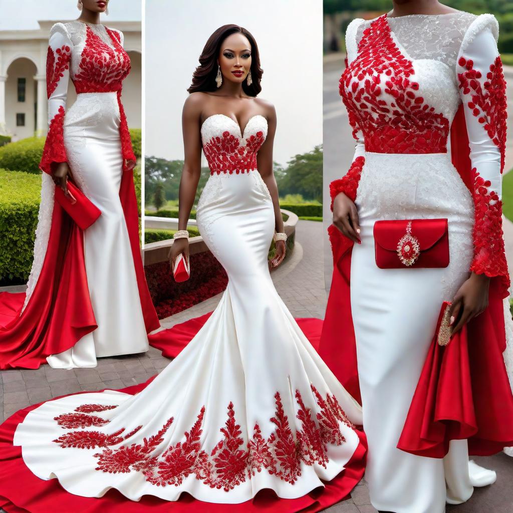  Create an image of an exquisite aso ebi dress with a blend of red and white colors. Include elegant frills and a flowing long train in the after dress design, with luxurious crystalline decorations enhancing the overall appearance. hyperrealistic, full body, detailed clothing, highly detailed, cinematic lighting, stunningly beautiful, intricate, sharp focus, f/1. 8, 85mm, (centered image composition), (professionally color graded), ((bright soft diffused light)), volumetric fog, trending on instagram, trending on tumblr, HDR 4K, 8K