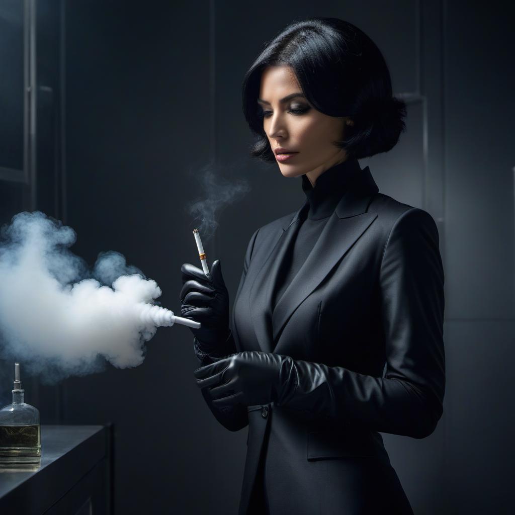  A woman in a black business suit with leather gloves on her hands. She has black short hair. She is in a dark morgue and is trying to smoke a cigarette. </user prompt translation> hyperrealistic, full body, detailed clothing, highly detailed, cinematic lighting, stunningly beautiful, intricate, sharp focus, f/1. 8, 85mm, (centered image composition), (professionally color graded), ((bright soft diffused light)), volumetric fog, trending on instagram, trending on tumblr, HDR 4K, 8K