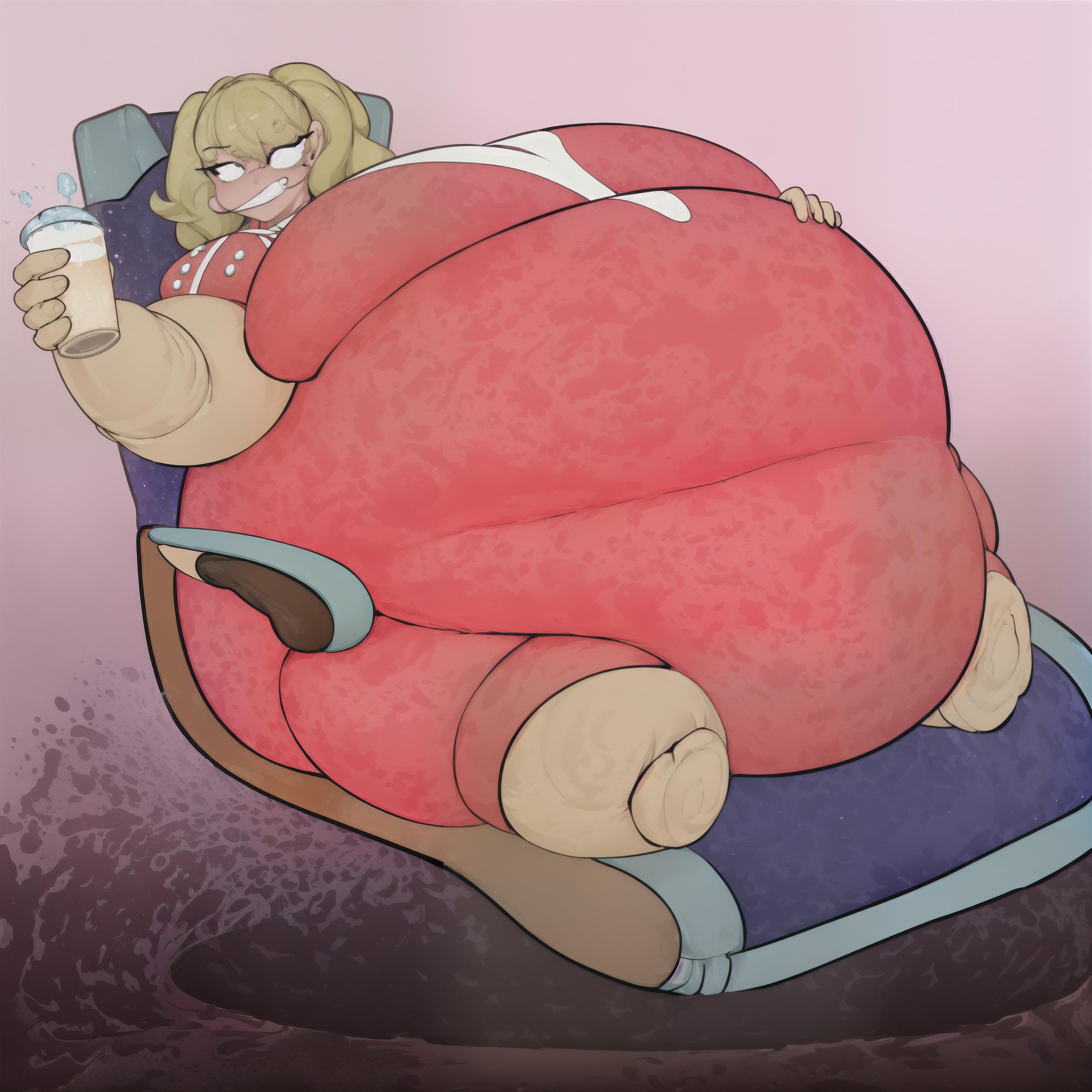 (8K, high resolution), (masterpiece, best quality:1.2), highres, perfect anatomy,big fat sitting down in a hover chair drinking a soda and getting bigger and fatter and her big round ,light particles, soft lighting, volumetric lighting, intricate details, finely detailed