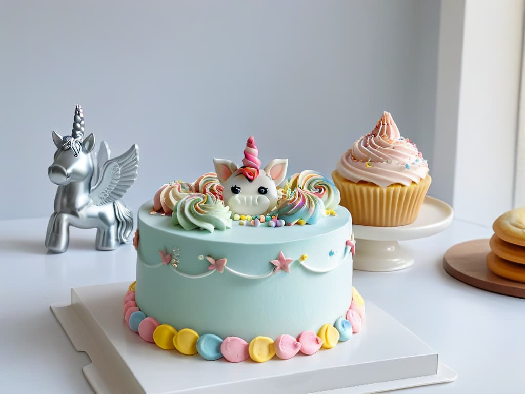  An 8k ultradetailed image of a pristine white kitchen countertop adorned with pastelcolored unicornthemed baking supplies, including a unicornshaped cookie cutter, rainbow sprinkles, a magical unicornthemed cake stand, and whimsical unicorn cupcake liners. The sunlight streaming in through a nearby window casts a soft, ethereal glow on the scene, highlighting the intricate details of each item and creating a serene, enchanting ambiance perfect for inspiring magical baking creations. hyperrealistic, full body, detailed clothing, highly detailed, cinematic lighting, stunningly beautiful, intricate, sharp focus, f/1. 8, 85mm, (centered image composition), (professionally color graded), ((bright soft diffused light)), volumetric fog, trending on instagram, trending on tumblr, HDR 4K, 8K