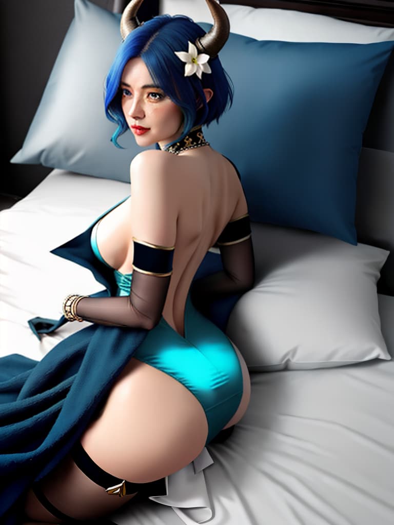  A woman, with short blue hair, a bell on her neck, two horns on her head, a bracelet on her wrist, and black stockings, was lying on a blue bed, her were so that she could see her, she was not wearing any clothes or, her were to, her delicate face, blue eyes, no shoes, her back was leaning on the bed, her body and face were facing forward <lora:hc-kokkoro:1> White skin hyperrealistic, full body, detailed clothing, highly detailed, cinematic lighting, stunningly beautiful, intricate, sharp focus, f/1. 8, 85mm, (centered image composition), (professionally color graded), ((bright soft diffused light)), volumetric fog, trending on instagram, trending on tumblr, HDR 4K, 8K