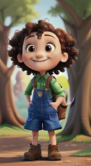  {The tree with a smiling face formed by its bark, looking down at Riley., Riley, a curious with big brown eyes and curly hair, wearing overalls and carrying a small backpack. Their friend, Skye, a bluebird with shiny feathers.