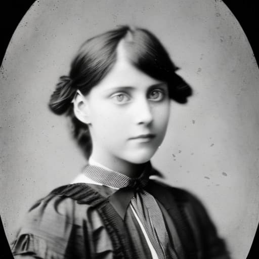 portrait+ style A portrait photo from the 1890s featuring a Alice liddell . The quality of the photo is consistent with 1890s cameras. The photo has yellowed over time, it has scratches and tears on its edges.