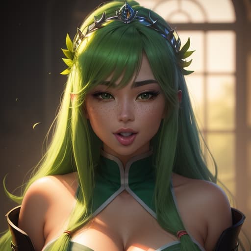  1 , solo, long hair,green collar, light green hair, freckles, made with vines , wearing a crown, vivid color, blush, shiny oiled skin, fat , pov, tongue on , ming on face, in mouth, hyperrealistic, high quality, highly detailed, perfect lighting, intricate, sharp focus, f/1. 8, 85mm, (centered image composition), (professionally color graded), ((bright soft diffused light)), trending on instagram, HDR 4K, 8K