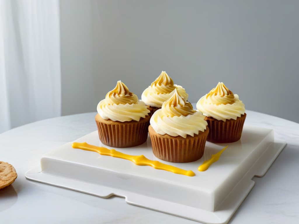  A serene and minimalist image showcasing two perfectly identical cupcakes side by side on a sleek, marble countertop. One cupcake is topped with a dollop of creamy vegan margarine, while the other features a generous swirl of golden buttercream. The soft, natural light filtering through a nearby window highlights the smooth textures and delicate decorations on each cupcake, emphasizing the debate between vegan margarine and butter in baking. hyperrealistic, full body, detailed clothing, highly detailed, cinematic lighting, stunningly beautiful, intricate, sharp focus, f/1. 8, 85mm, (centered image composition), (professionally color graded), ((bright soft diffused light)), volumetric fog, trending on instagram, trending on tumblr, HDR 4K, 8K