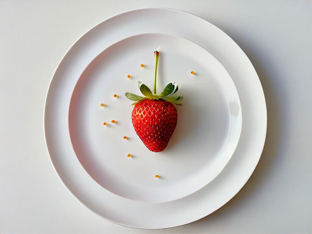  A closeup, ultradetailed image of a single ripe strawberry resting on a pristine white plate. The strawberry is perfectly symmetrical, showcasing its vibrant red hue and the tiny seeds on its surface. The plate is slightly reflective, adding a touch of elegance to the minimalist composition. The lighting is soft and natural, casting a gentle shadow beneath the fruit, emphasizing its freshness and natural beauty. hyperrealistic, full body, detailed clothing, highly detailed, cinematic lighting, stunningly beautiful, intricate, sharp focus, f/1. 8, 85mm, (centered image composition), (professionally color graded), ((bright soft diffused light)), volumetric fog, trending on instagram, trending on tumblr, HDR 4K, 8K