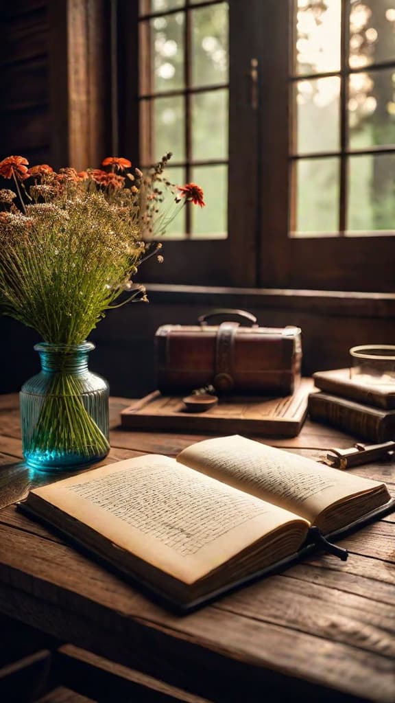  (A well lit, rustic cabin interior during the late afternoon. A cozy fireplace crackles in the background. On a wooden table in the center of the room, a hand written letter and a small, worn journal lie open, surrounded by a few personal items like a pen, a sprig of dried wildflowers, and a framed photograph.) hyperrealistic, full body, detailed clothing, highly detailed, cinematic lighting, stunningly beautiful, intricate, sharp focus, f/1. 8, 85mm, (centered image composition), (professionally color graded), ((bright soft diffused light)), volumetric fog, trending on instagram, trending on tumblr, HDR 4K, 8K