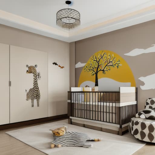  A room with neutral colors, two walls are visible both checkered painting, one of the walls has colorful savana animals paintings, in the middle of the room one baby crib is visible