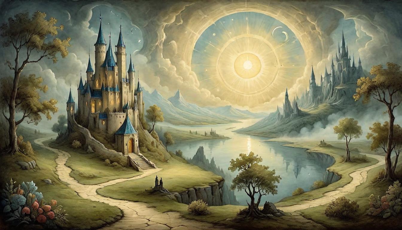  on parchment, surrealism+++, A boundary of radiant light encircling a serene landscape, creating a barrier against the encroaching darkness, safeguarding truth, impenetrable, radiant(mysterious, provocative, symbolic,muted color)+++