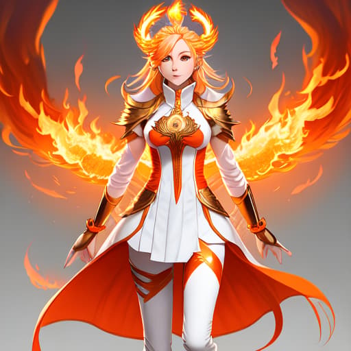  Goddess, Fire Goddess, Adult Woman, Blonde Fire Hair, Hair on Fire, Orange Eyes, White long tailcoat accented by Orange, White knee-high boots accented by orange, Grey Leggings, Anime, Fantasy