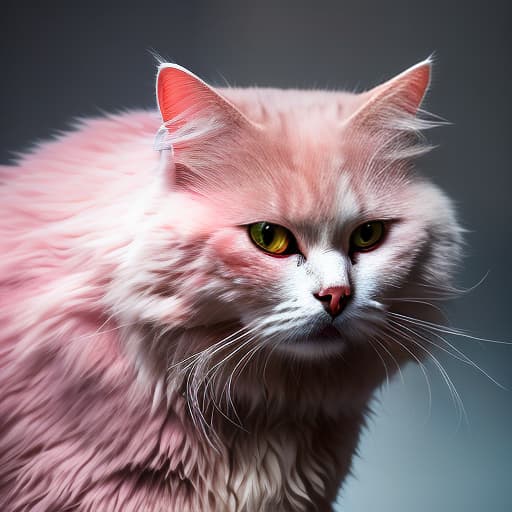  pink cat hyperrealistic, full body, detailed clothing, highly detailed, cinematic lighting, stunningly beautiful, intricate, sharp focus, f/1. 8, 85mm, (centered image composition), (professionally color graded), ((bright soft diffused light)), volumetric fog, trending on instagram, trending on tumblr, HDR 4K, 8K