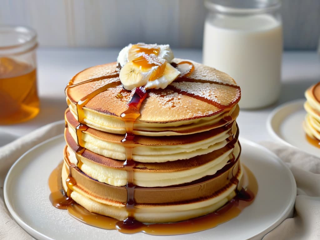  A closeup photograph of a stack of fluffy vegan pancakes drizzled with rich, ambercolored maple syrup. The pancakes are perfectly golden brown, with wisps of steam rising from them, and the syrup cascades down the sides enticingly. The image captures the texture of the pancakes, highlighting their fluffy interior and slightly crispy edges, while the syrup glistens under the light, emphasizing its natural sweetness. The background is blurred, focusing all attention on the delicious details of this simple yet mouthwatering vegan breakfast. hyperrealistic, full body, detailed clothing, highly detailed, cinematic lighting, stunningly beautiful, intricate, sharp focus, f/1. 8, 85mm, (centered image composition), (professionally color graded), ((bright soft diffused light)), volumetric fog, trending on instagram, trending on tumblr, HDR 4K, 8K