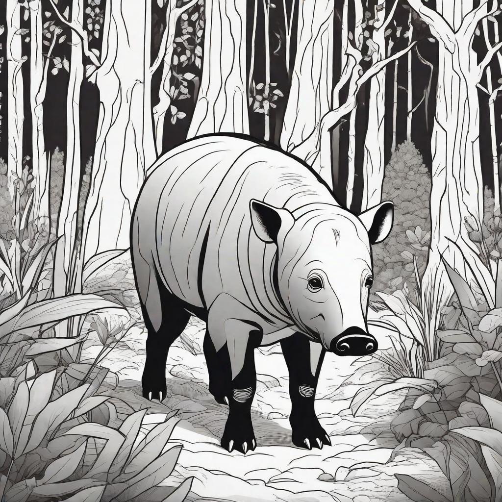  coloring page, Tapir in forest, cartoon style, thick lines, line art, only white and black no gray, vector art, no fill, format as coloring page, outline, monochrome paper, image with no grayscale just black and white hyperrealistic, full body, detailed clothing, highly detailed, cinematic lighting, stunningly beautiful, intricate, sharp focus, f/1. 8, 85mm, (centered image composition), (professionally color graded), ((bright soft diffused light)), volumetric fog, trending on instagram, trending on tumblr, HDR 4K, 8K