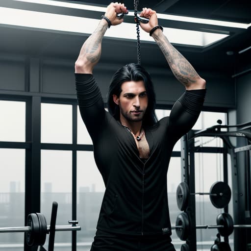  long black hair, black eyes, handsome man wearing black overshirt and black necklace, doing pull ups at the empty gym. hyperrealistic, full body, detailed clothing, highly detailed, cinematic lighting, stunningly beautiful, intricate, sharp focus, f/1. 8, 85mm, (centered image composition), (professionally color graded), ((bright soft diffused light)), volumetric fog, trending on instagram, trending on tumblr, HDR 4K, 8K