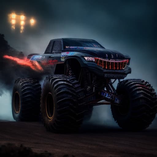  monster truck hyperrealistic, full body, detailed clothing, highly detailed, cinematic lighting, stunningly beautiful, intricate, sharp focus, f/1. 8, 85mm, (centered image composition), (professionally color graded), ((bright soft diffused light)), volumetric fog, trending on instagram, trending on tumblr, HDR 4K, 8K