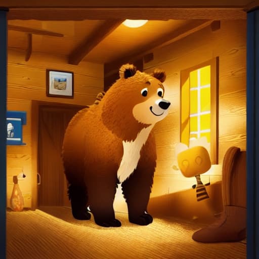  a boy with brown short hair and yellow shirt and blue jeans, a bear standing, in cabin