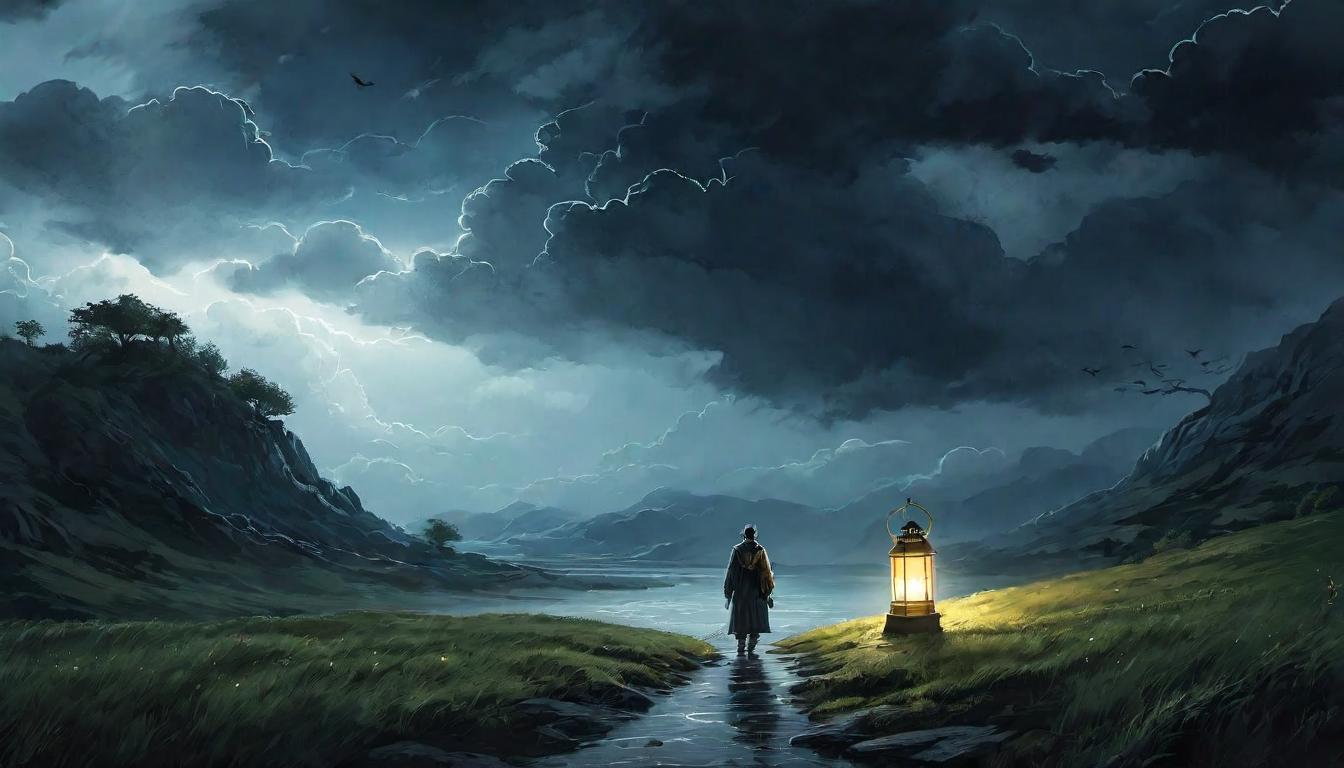  digital illustration A single figure absorbing dark, stormy clouds into a lantern, transforming them into light, calmness enveloping the area, transmutation, peace, solace looking at viewer, dynamic pose, (intricate details, masterpiece, best quality)