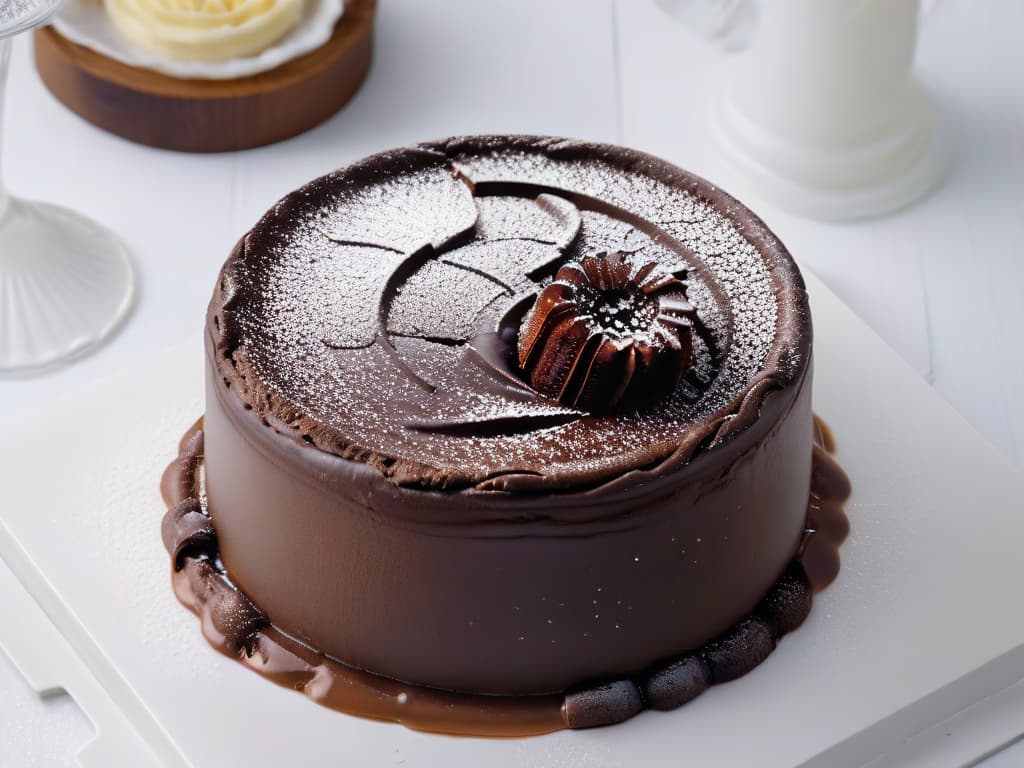  A closeup, ultradetailed image of a decadent chocolate lava cake oozing with warm, gooey chocolate from its center, set against a stark white backdrop to highlight the rich texture and glossy sheen of the dessert. The cake is dusted with a delicate sprinkling of powdered sugar, and tiny droplets of condensation glisten on the surface, creating a visually stunning and mouthwatering scene that embodies the essence of a truly indulgent multisensory dessert experience. hyperrealistic, full body, detailed clothing, highly detailed, cinematic lighting, stunningly beautiful, intricate, sharp focus, f/1. 8, 85mm, (centered image composition), (professionally color graded), ((bright soft diffused light)), volumetric fog, trending on instagram, trending on tumblr, HDR 4K, 8K