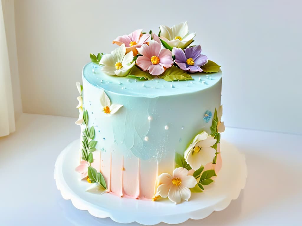  A closeup, ultradetailed image of a perfectly frosted and decorated threetiered cake, with intricate floral designs in pastel colors cascading down the sides. The frosting is flawlessly smooth, and each petal and leaf is so finely detailed that you can almost feel the texture through the screen. The colors are soft and elegant, creating a serene and visually captivating scene that evokes a sense of artistry and precision. hyperrealistic, full body, detailed clothing, highly detailed, cinematic lighting, stunningly beautiful, intricate, sharp focus, f/1. 8, 85mm, (centered image composition), (professionally color graded), ((bright soft diffused light)), volumetric fog, trending on instagram, trending on tumblr, HDR 4K, 8K