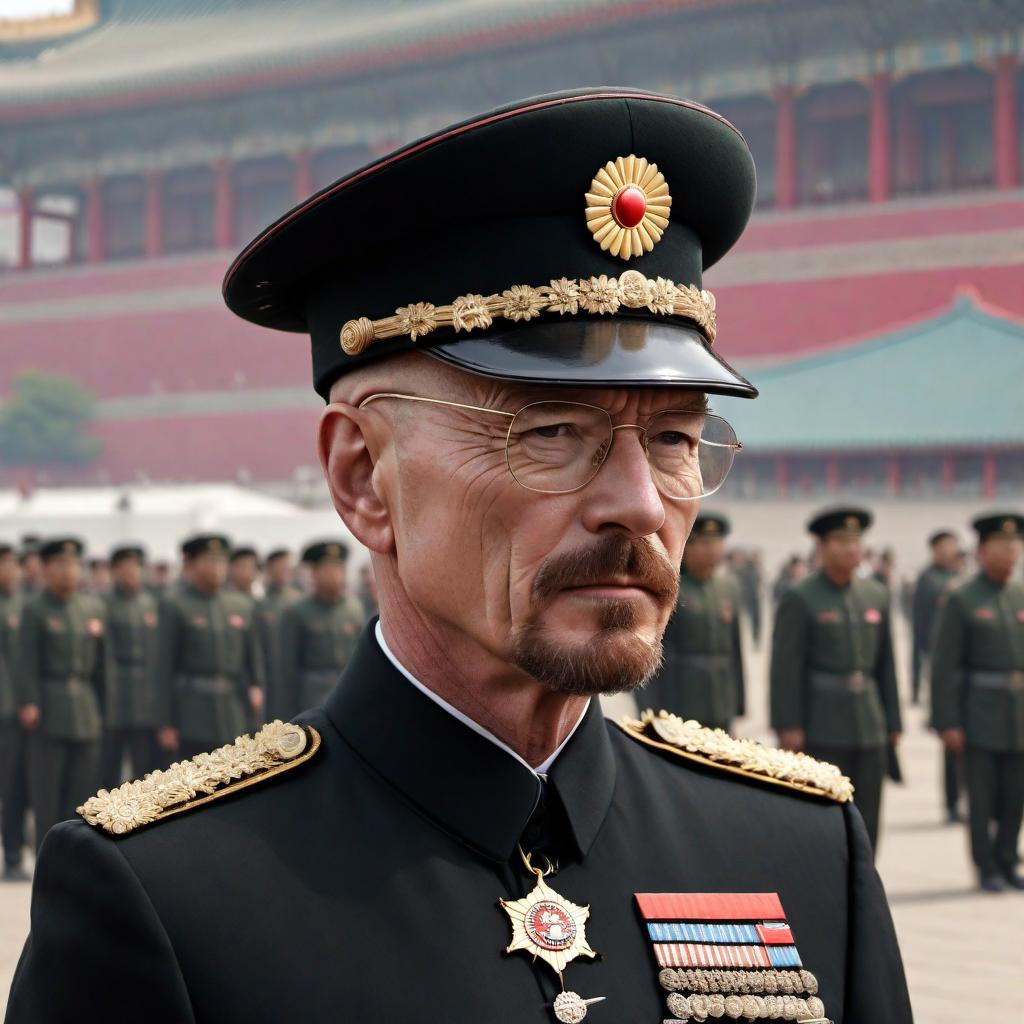  Walter White from Breaking Bad depicted as a North Korean general. He's wearing an elaborate black Korean Mao suit with four pockets, adorned with prominent military medals, and he dons a North Korean general's hat. Walter White should be captured with a stern, authoritative expression as he stands at a high vantage point overseeing a military parade. The parade must be detailed, showcasing rows of soldiers in the background, to convey the scale and solemnity of the event. hyperrealistic, full body, detailed clothing, highly detailed, cinematic lighting, stunningly beautiful, intricate, sharp focus, f/1. 8, 85mm, (centered image composition), (professionally color graded), ((bright soft diffused light)), volumetric fog, trending on instagram, trending on tumblr, HDR 4K, 8K