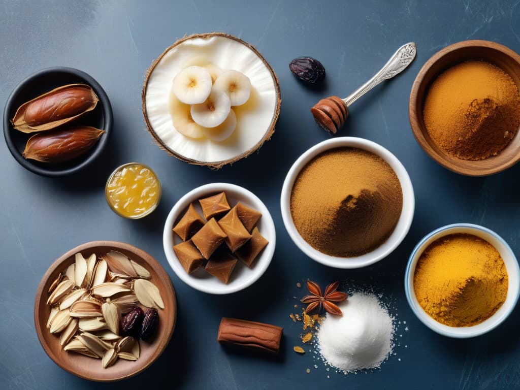  An intricately arranged flat lay image showcasing a variety of natural sweeteners commonly used as healthy alternatives to sugar in vegan recipes. The image features small bowls filled with coconut sugar, maple syrup, agave nectar, stevia leaves, and dates, all delicately arranged on a sleek marble countertop. The soft natural light highlights the textures and colors of each sweetener, creating a visually appealing and informative composition that aligns perfectly with the professional and informative tone of the article. hyperrealistic, full body, detailed clothing, highly detailed, cinematic lighting, stunningly beautiful, intricate, sharp focus, f/1. 8, 85mm, (centered image composition), (professionally color graded), ((bright soft diffused light)), volumetric fog, trending on instagram, trending on tumblr, HDR 4K, 8K