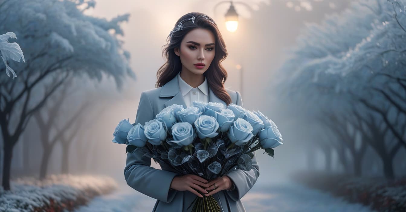  The girl is walking with a bouquet of ice roses. hyperrealistic, full body, detailed clothing, highly detailed, cinematic lighting, stunningly beautiful, intricate, sharp focus, f/1. 8, 85mm, (centered image composition), (professionally color graded), ((bright soft diffused light)), volumetric fog, trending on instagram, trending on tumblr, HDR 4K, 8K