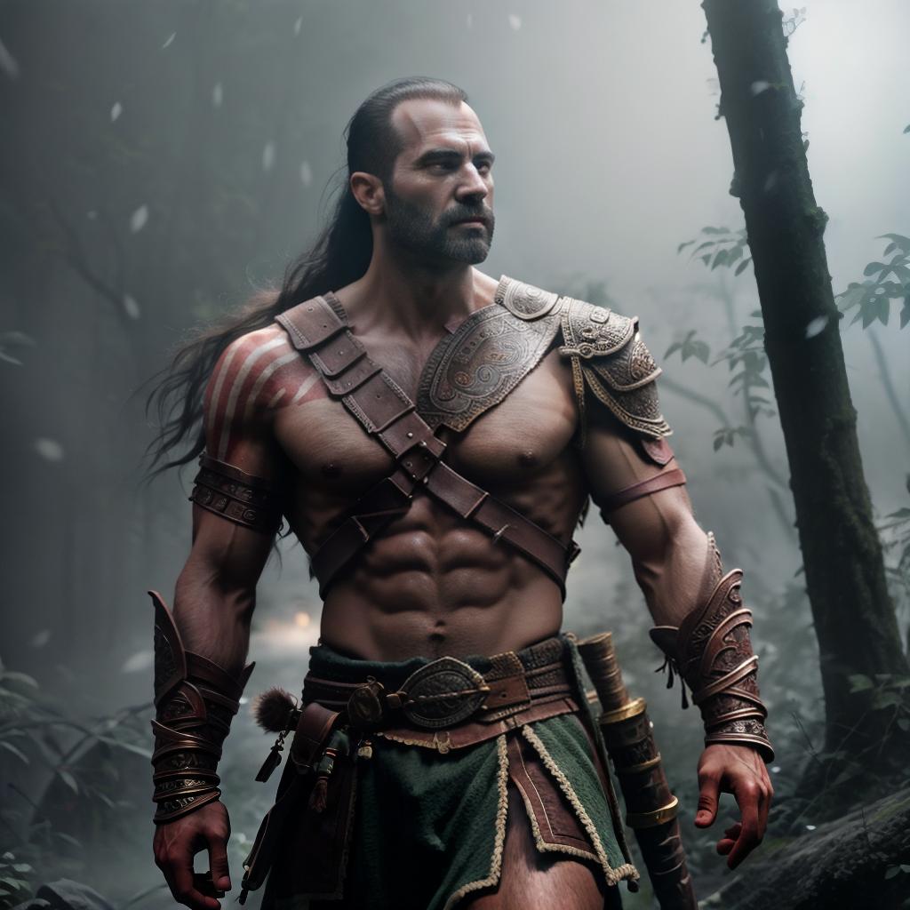  God of war hyperrealistic, full body, detailed clothing, highly detailed, cinematic lighting, stunningly beautiful, intricate, sharp focus, f/1. 8, 85mm, (centered image composition), (professionally color graded), ((bright soft diffused light)), volumetric fog, trending on instagram, trending on tumblr, HDR 4K, 8K