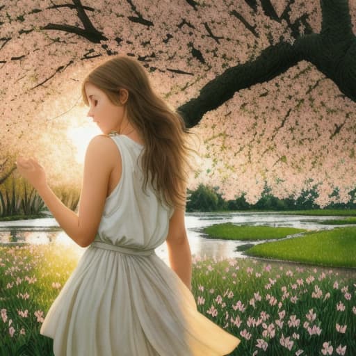  soft light. beautiful girl. solo. sunset. spring. flowers. the green grove. a stormy river. leaves.