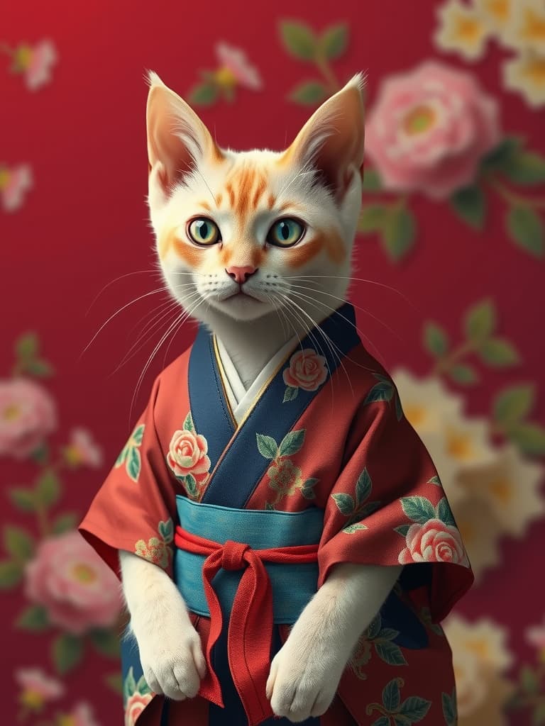  crie uma imagem de um gato persa vestido com um kimono elegante. o kimono deve ser detalhado, com padrões tradicionais e cores vibrantes, como vermelho, dourado e azul, refletindo o estilo clássico ..... hyperrealistic, full body, detailed clothing, highly detailed, cinematic lighting, stunningly beautiful, intricate, sharp focus, f/1. 8, 85mm, (centered image composition), (professionally color graded), ((bright soft diffused light)), volumetric fog, trending on instagram, trending on tumblr, HDR 4K, 8K