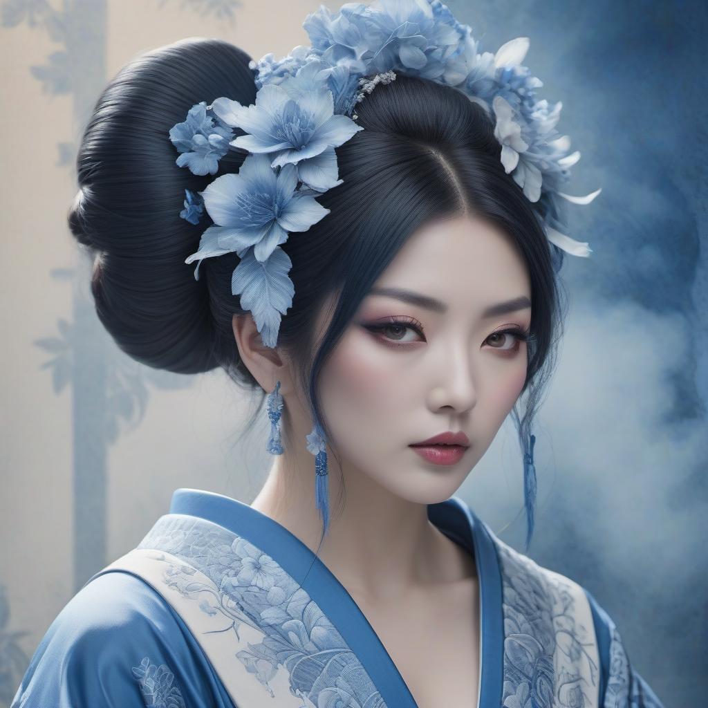  HDR photo of Envision a portrait of a Japanese geisha, her countenance tinged with sorrow as a single tear trails from her eye. Her abundant hair frames a face with lips painted a soft blue, while her attire is a complex array of traditional garments. The portrait, reminiscent of Anne Stokes' work, is rendered in a whimsical Zentangle style, boasting an intricate cyanotype design that seems to lift from the canvas in a 3D embossed effect. The color palette is a harmonious blend of delft blue and white, enriched with subtle touches of ginger brown and light pink. This piece is a fantasy encapsulated in an 8k resolution masterpiece, a high definition pencil sketch that transitions into line art with pen and ink filigree. The backdrop is a nig hyperrealistic, full body, detailed clothing, highly detailed, cinematic lighting, stunningly beautiful, intricate, sharp focus, f/1. 8, 85mm, (centered image composition), (professionally color graded), ((bright soft diffused light)), volumetric fog, trending on instagram, trending on tumblr, HDR 4K, 8K