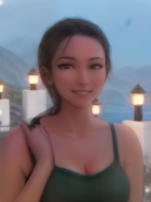  A girl against the backdrop of mountains and the sea., Photorealistic, Hyperrealistic, Hyperdetailed, analog style, demure, detailed skin, pores, smirk, smiling eyes, matte skin, soft lighting, subsurface scattering, realistic, heavy shadow, masterpiece, best quality, ultra realistic, 8k, golden ratio, Intricate, High Detail, film photography, soft focus hyperrealistic, full body, detailed clothing, highly detailed, cinematic lighting, stunningly beautiful, intricate, sharp focus, f/1. 8, 85mm, (centered image composition), (professionally color graded), ((bright soft diffused light)), volumetric fog, trending on instagram, trending on tumblr, HDR 4K, 8K
