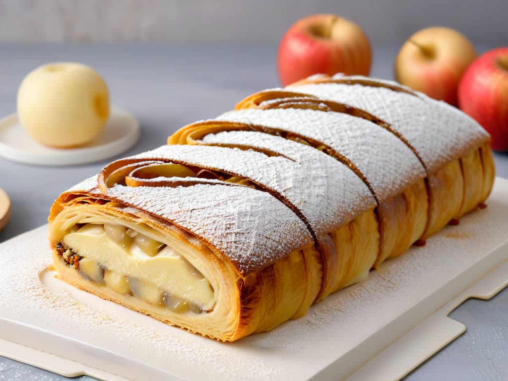  A closeup, ultradetailed image of a freshly baked apple strudel with golden, flaky layers of pastry enveloping a warm, cinnamoninfused apple filling. The pastry is delicately dusted with a light sprinkling of powdered sugar, and small droplets of condensation glisten on the surface, hinting at its warmth. The background is a soft, neutral color to enhance the focus on the exquisite details of the strudel, inviting the viewer to imagine the comforting aroma and delightful taste of this traditional German pastry. hyperrealistic, full body, detailed clothing, highly detailed, cinematic lighting, stunningly beautiful, intricate, sharp focus, f/1. 8, 85mm, (centered image composition), (professionally color graded), ((bright soft diffused light)), volumetric fog, trending on instagram, trending on tumblr, HDR 4K, 8K