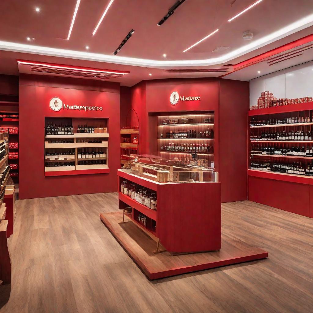  Masterpiece, best quality, 16:9, Fidelity, 120 sqm, our tobacco, wine and tea retail store is decorated in red, showing hospitality and luxury. The exterior of the store is decorated in striking red, with a simple and modern design style, giving people a high-end, elegant feeling. The interior decoration is teak wood color, with light gray and white, making the whole space look warm and comfortable. We will pay attention to the texture and color of teak wood, creating a noble and modern decoration style. The display shelves and display cases are made of teak wood, beautifully designed and practical. The wall decoration is mainly teak decorative panels, with a small amount of red decoration, creating a luxurious and elegant atmosphere. I