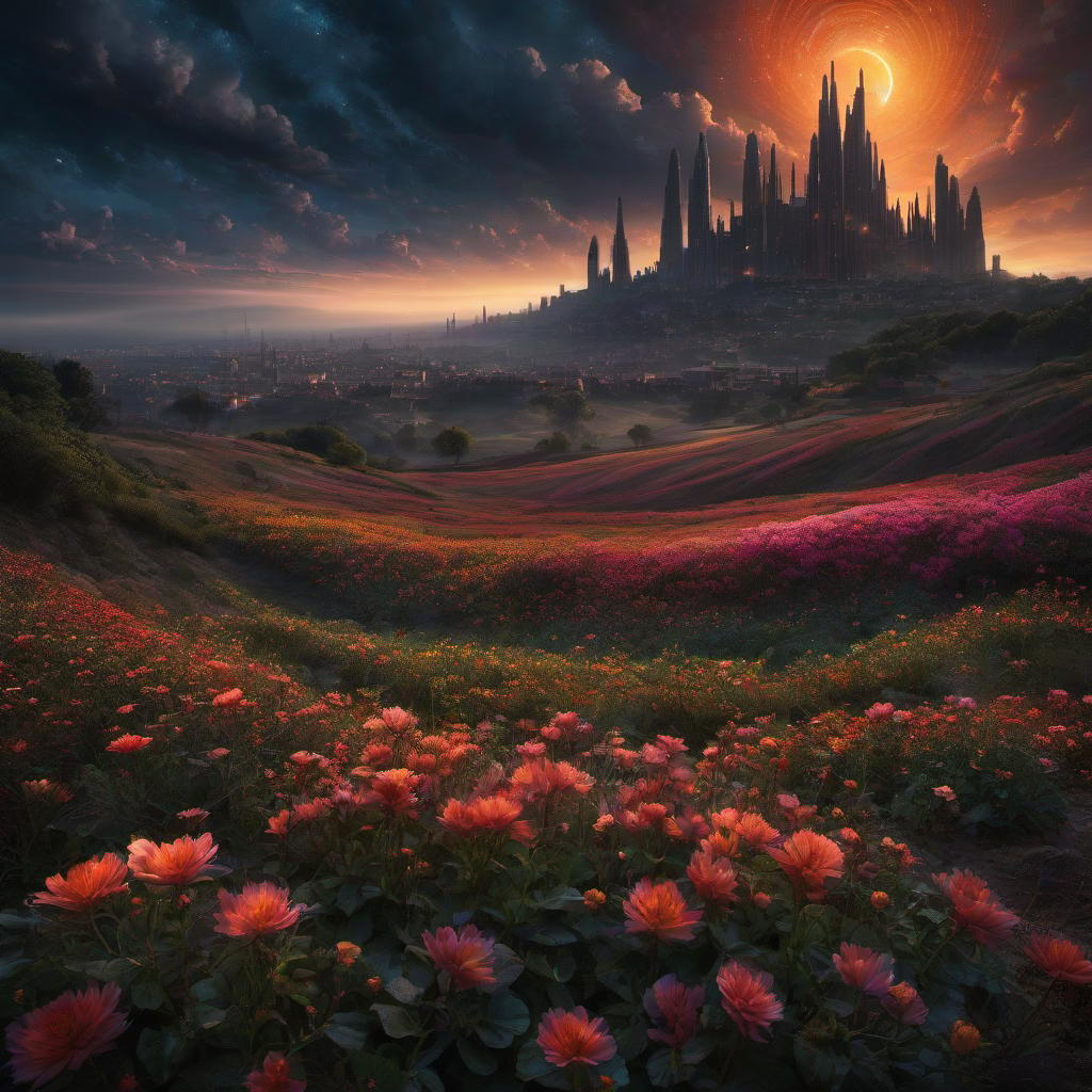  (stylized by Tomasz Alen Kopera:1.3) , dark art, dense flower field and Perseid meteor in background, landscape of a (Barcelona:1.2) , very Bizarre and 1600'S, Hurricane, Glitchcore, Amaro, layered textures, ornate, intricate artistic color, complimentary colors, very inspirational, atmosphere, fine artistic composition, sunny, theatrical hyperrealistic, full body, detailed clothing, highly detailed, cinematic lighting, stunningly beautiful, intricate, sharp focus, f/1. 8, 85mm, (centered image composition), (professionally color graded), ((bright soft diffused light)), volumetric fog, trending on instagram, trending on tumblr, HDR 4K, 8K