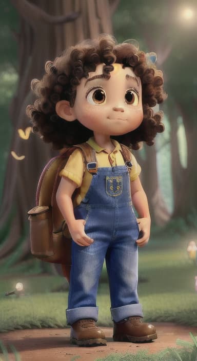  {The tree shining brightly and releasing a gentle, magical light., Riley, a curious with big brown eyes and curly hair, wearing overalls and carrying a small backpack. Their friend, Skye, a bluebird with shiny feathers.