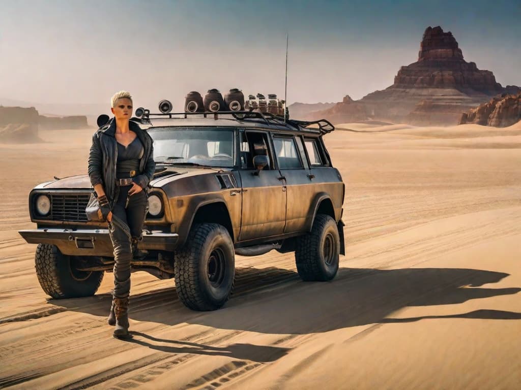  An image of Charlize Theron as Furiosa, standing strong and determined in the desert, with the iconic Mad Max vehicle in the background. The image captures the anticipation and excitement for the upcoming film, "Mad Max: Furiosa," as well as the powerful presence of its lead character.digital art, ilustration hyperrealistic, full body, detailed clothing, highly detailed, cinematic lighting, stunningly beautiful, intricate, sharp focus, f/1. 8, 85mm, (centered image composition), (professionally color graded), ((bright soft diffused light)), volumetric fog, trending on instagram, trending on tumblr, HDR 4K, 8K