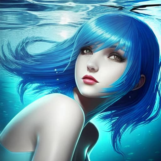  A beautiful woman under water with short blue hair no reaciton