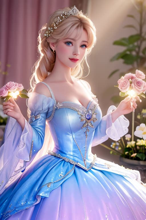  A highly detailed and realistic photo in the style of Disney, featuring a character resembling baby Cinderella. The image shows young Cinderella wearing a sparkling pink dress, surrounded by glowing flower.She is standing.The scene is illuminated with soft, mystical light, creating an enchanting and whimsical atmosphere. Cinderella's expression is filled with wonder and joy as she interacts with the flower. The background is softly blurred to keep the focus on Cinderella and the flower hyperrealistic, full body, detailed clothing, highly detailed, cinematic lighting, stunningly beautiful, intricate, sharp focus, f/1. 8, 85mm, (centered image composition), (professionally color graded), ((bright soft diffused light)), volumetric fog, trending on instagram, trending on tumblr, HDR 4K, 8K