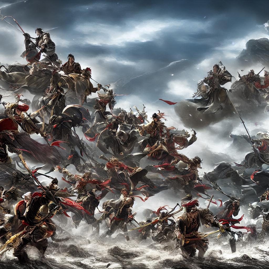  A few hundred warriors, with Liu Yu always resolute and sharp, leading his soldiers, in the year 399 during the Eastern Jin Dynasty of China, in the style of Japanese manga artist Yokoyama Mitsuteru, ((masterpiece)), (((best quality))), 8k, high detailed, ultra-detailed, ((manga-style characters))), epic clash of armies, swirling clouds of dust, flying arrows, striking swordplay, atmospheric perspective, intense and contrasting colors, dynamic composition hyperrealistic, full body, detailed clothing, highly detailed, cinematic lighting, stunningly beautiful, intricate, sharp focus, f/1. 8, 85mm, (centered image composition), (professionally color graded), ((bright soft diffused light)), volumetric fog, trending on instagram, trending on tumblr, HDR 4K, 8K