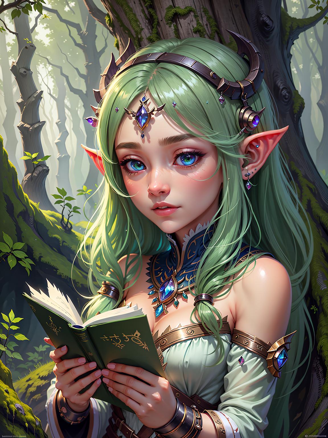  master piece, best quality, ultra detailed, highres, 4k.8k, Female Elf., Listening to the secrets., Mystical., BREAK Ancient Wisdom within Enormous Tree., Magical forest clearing., Glowing crystals, ancient scrolls, soft moss., BREAK Enchanting and serene., Ethereal light, faint whispers in the air., fun00d