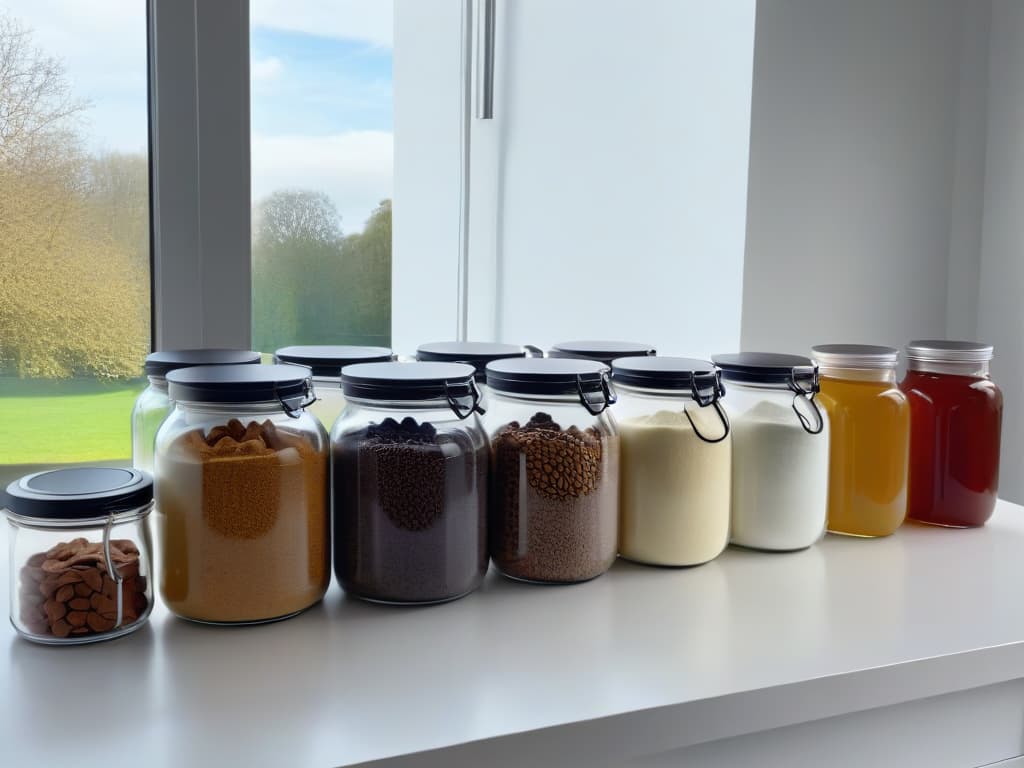  An ultradetailed image of a sleek, modern kitchen countertop adorned with an assortment of keto baking ingredients neatly organized in clear glass jars. The jars are filled with almond flour, coconut oil, erythritol sweetener, and dark chocolate chips, showcasing a range of textures and colors. Soft, natural light filters through a nearby window, casting gentle shadows that highlight the intricate details of the ingredients. The overall aesthetic is minimalist yet inviting, exuding a sense of organization and preparedness for a successful keto baking session. hyperrealistic, full body, detailed clothing, highly detailed, cinematic lighting, stunningly beautiful, intricate, sharp focus, f/1. 8, 85mm, (centered image composition), (professionally color graded), ((bright soft diffused light)), volumetric fog, trending on instagram, trending on tumblr, HDR 4K, 8K