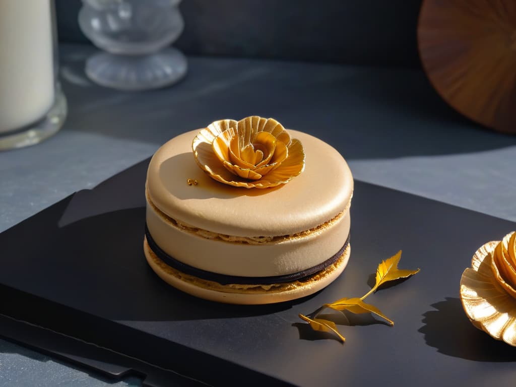  A closeup, ultradetailed image of a perfectly piped and goldenbrown macaron shell, delicately adorned with a single, shimmering edible gold leaf. The macaron sits on a sleek, matte black plate, with a soft, diffused light casting a subtle shadow beneath it, enhancing its elegant minimalistic presentation. The texture of the shell is so detailed that you can almost feel the delicate crispiness, inviting the viewer to appreciate the artistry and craftsmanship of this delectable treat. hyperrealistic, full body, detailed clothing, highly detailed, cinematic lighting, stunningly beautiful, intricate, sharp focus, f/1. 8, 85mm, (centered image composition), (professionally color graded), ((bright soft diffused light)), volumetric fog, trending on instagram, trending on tumblr, HDR 4K, 8K